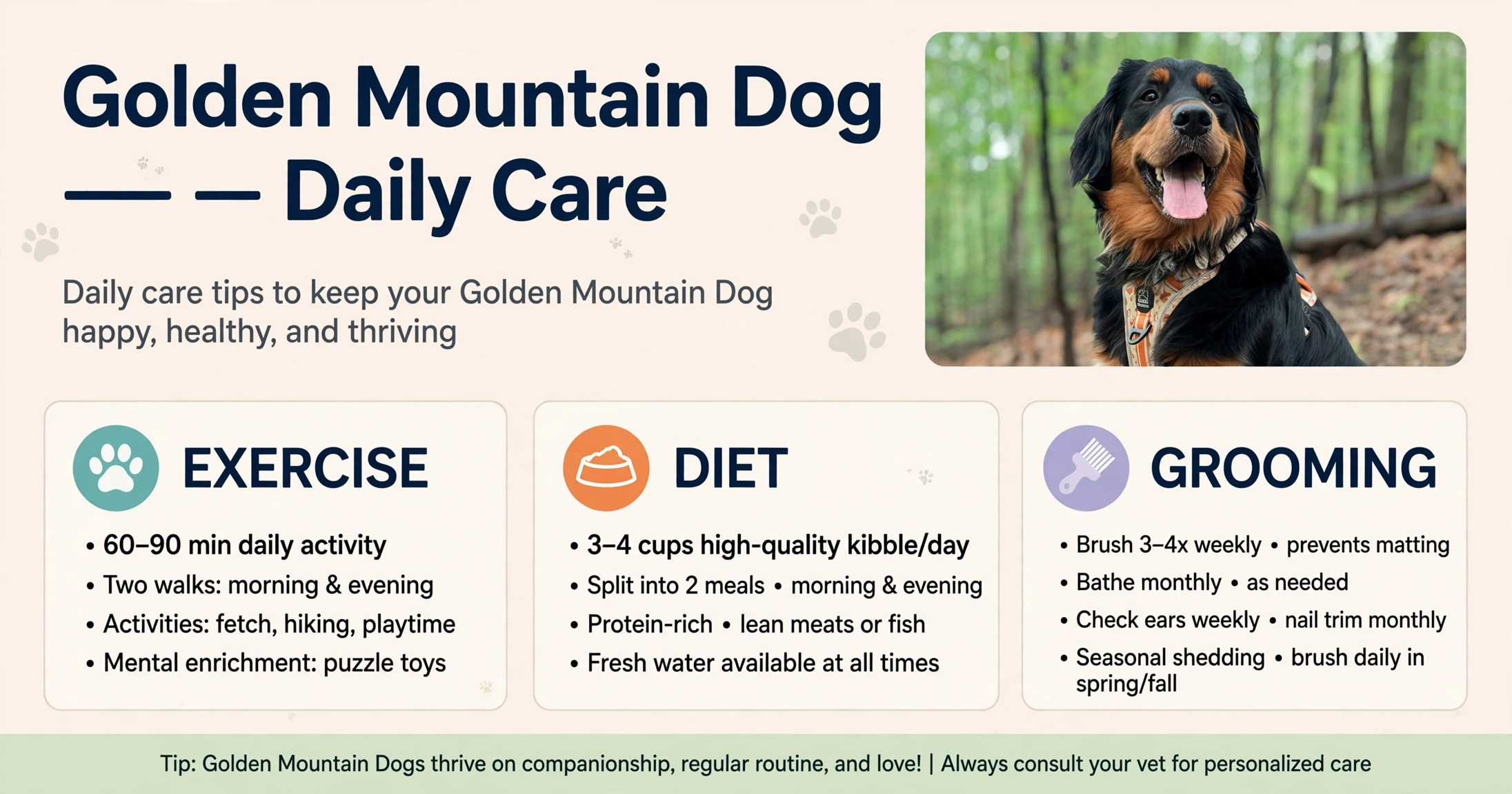 golden moutain dog Daily Care Exercise, Diet, and Grooming