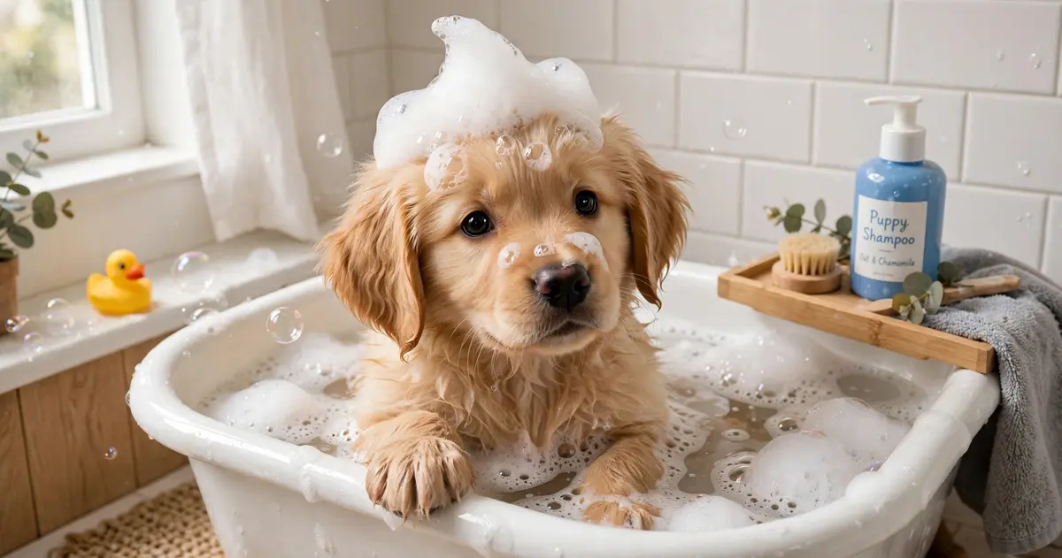 Golden Retriever Puppy First Bath