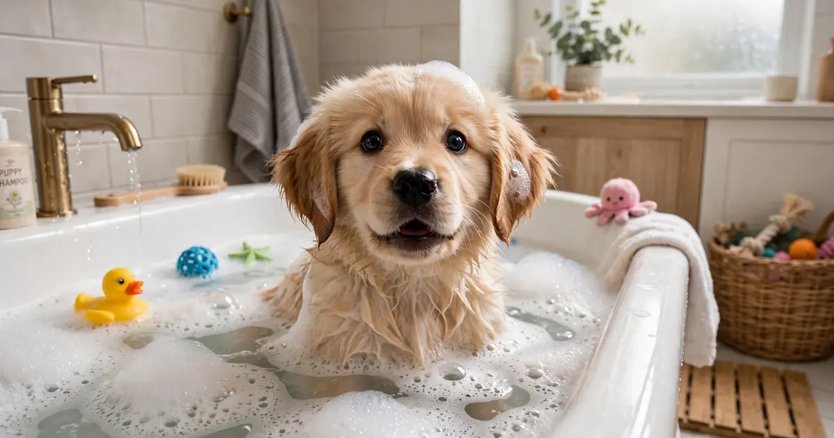 surprised puppy bath