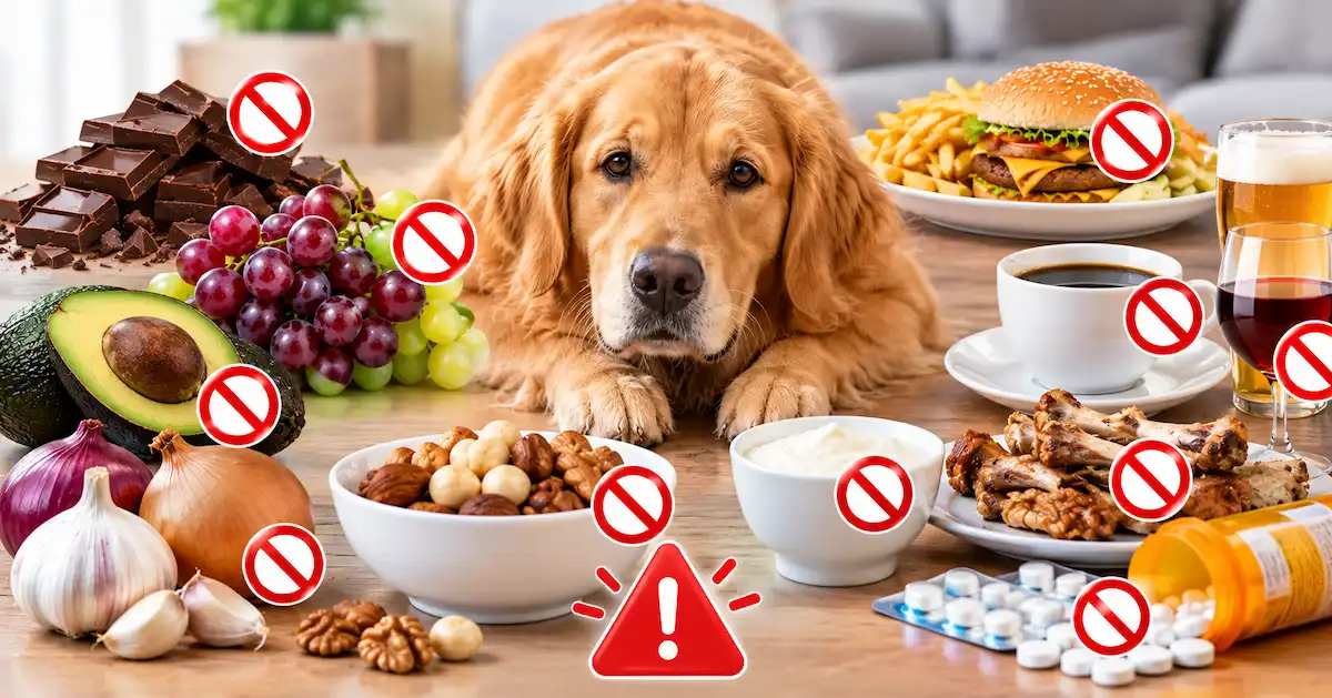 Concerned Golden Retriever Among Toxic Foods