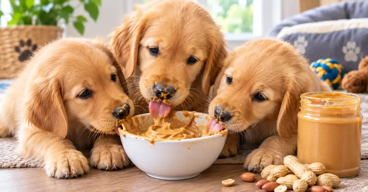 Golden Retriever Puppies Sharing Peanut Butter